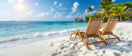 Wooden armchairs place side by side on beach,waves crash against,summer vacation concept.