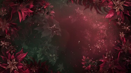 Wall Mural - Gradient of burgundy and emerald floral motifs shimmering particles evoking celebration. background