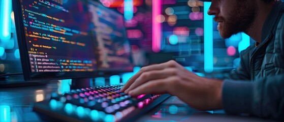 A man typing on a keyboard with cybersecurity code on a screen in the background
