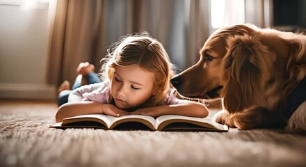 Wall Mural - Child reading a book next to his dogs.