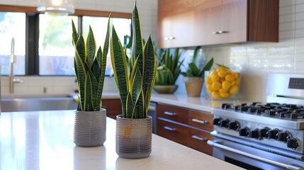 Potted snake plant in clean modern kitchen, interior decorations.