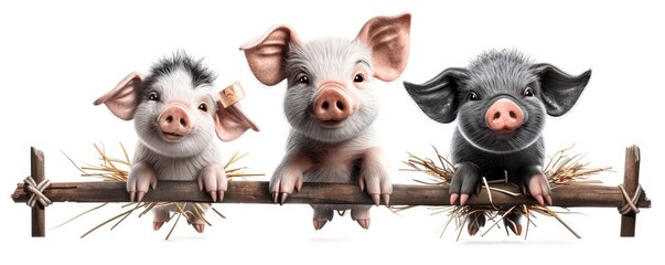Three adorable piglets peeking over a wooden fence, isolated on a white background, showcasing their cute and playful expressions.