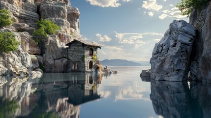 An ancient stone house nestled between two towering rocks, its reflection shimmering in the tranquil waters below