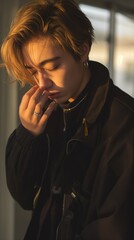 Wall Mural - A young man with blonde hair poses indoors while wearing a black leather jacket and a gold chain