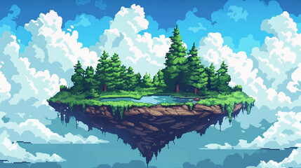 Wall Mural - 2d pixel art of waterfall forest on floating island with blue sky, game art, 16 bits, 32 bits