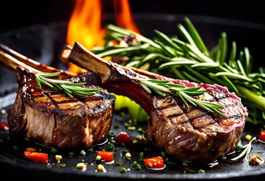 juicy grilled lamb chops seasoned fragrant rosemary close view, visual, shot, display, plating, art, culinary, cuisine, gourmet, barbecued, grilling, barbecue,