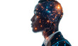 © somwut - A side profile view of an AI hologram showing the concept of artificial intelligence, superimposed on top is headshot portrait of business man in suit, white background