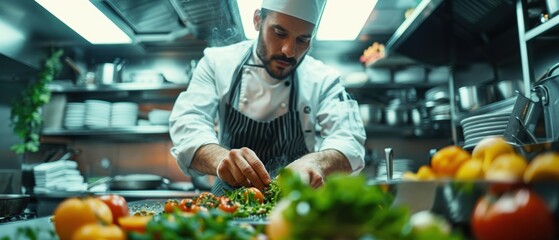 A professional chef in a restaurant kitchen, capturing culinary arts and gastronomy