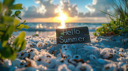 Hello Summer background, Welcoming Summer day background, Greeting card, print art