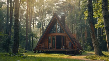 A-frame house cabin in middle of a forest in summer season