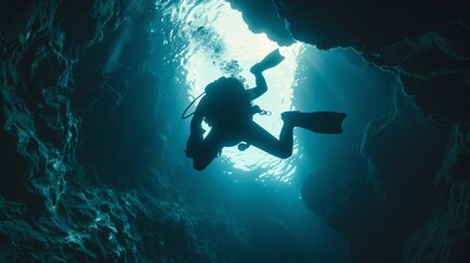 Wall Mural - A man is diving into a dark cave with a blue light shining on him