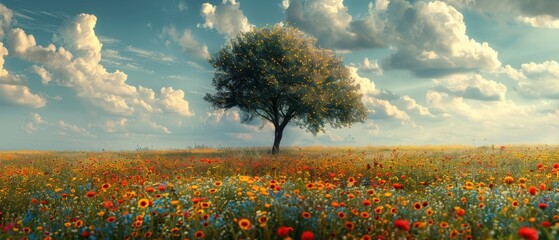 A single tree in a field of wildflowers