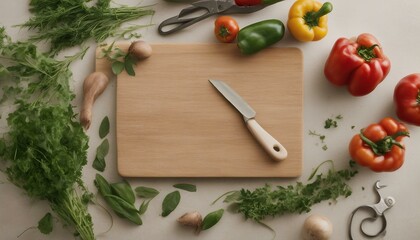 Wall Mural - A wooden cutting board with herbs and vegetables on it. An old pair of scissors is placed on top right corner. Green leaves are also visible in the scene.