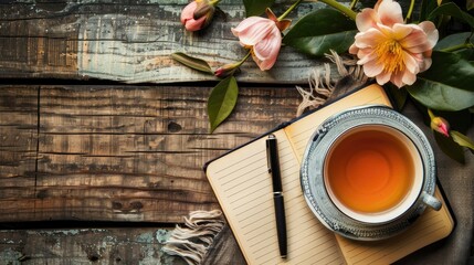 Sticker - Photograph of notebook pen tea and flower in studio on wooden backdrop