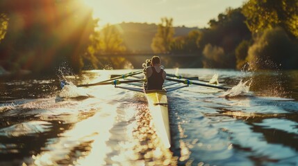 Capture the energy of a close-up rowing team in action, highlighting their determination and teamwork, set against a calming river backdrop with ample copy space