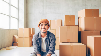 Asian Man alone in a new empty apartment with cardboard boxes, moving.