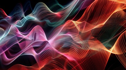 Sticker - Vibrant abstract digital waves in shades of red, pink, purple, and green flowing gracefully against a dark background