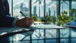 © keetazalay - A business executive signing a contract with a renewable energy provider in a sleek office with views of solar panels and wind turbines symbolizing a commitment to green energy
