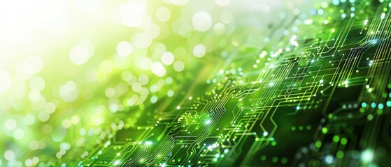 Abstract green digital circuitry, glowing electronic pathways and nodes, white background, copy space