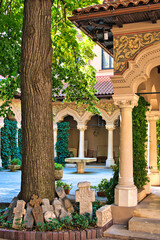  Bucharest, Romania, 04 September 2021: The historical building of Stavropoleos Monastery Church (Biserica Stavropoleos) in the old city center in a sunny summer day.