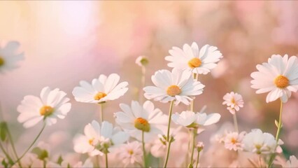 Wall Mural - Tranquil Vibes: White Chamomile Daisies on a Soft Pink Backdrop. Concept Tranquil Photography, Chamomile Daisies, Pink Backdrop, Floral Aesthetics, Serene Vibes