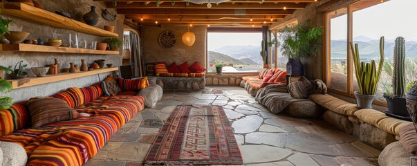 Sustainable earthship home with recycled materials.