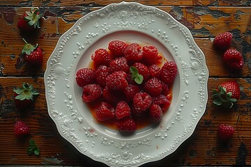 Wall Mural - White plate with raspberries and strawberries on wooden table