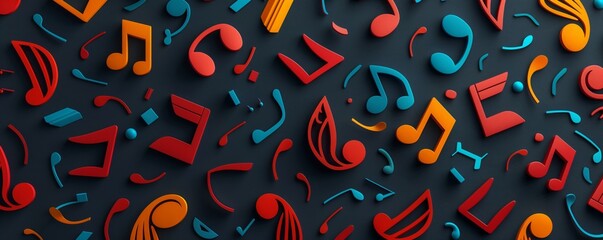 Wall Mural - A chaotic arrangement of bright, colorful musical notes on a dark background