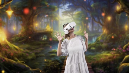 Wall Mural - Smiling woman looking by VR surround wonderful fairytale forest wonderland in bokeh neon snowfall at steam water backside meta magical world mysterious magic greenery at fantasy night. Contraption.