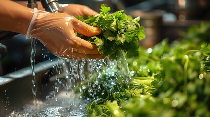 hands wearing gloves washing fresh green herbs under running water in a kitchen sink, highlighting c