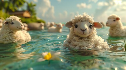 Smiling Sheep Swimming in Tropical Lagoon Water