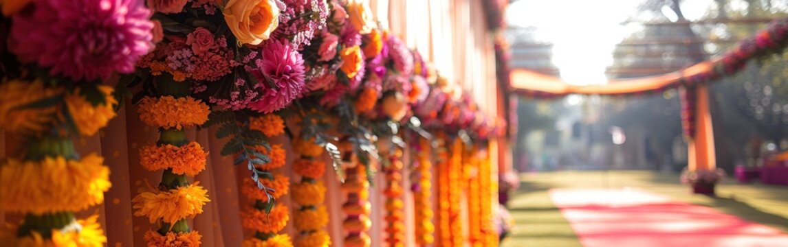Colorful flower garlands adorn the entrance to an outdoor wedding ceremony