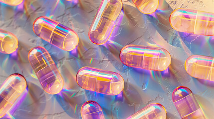 Fluorescent Neon Pills, Iridescent Glow. Magic Medicine, Placebo, Happiness Vitamin. Mental Health, Burnout, Depression, Stress, Anxiety, Substance Abuse, Trauma, Fears. Need Help, Support, Therapy