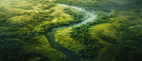 Wall Mural - An aerial view of a winding river through a lush landscape, perfect for nature and exploration themes