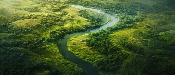 Poster - An aerial view of a winding river through a lush landscape, perfect for nature and exploration themes