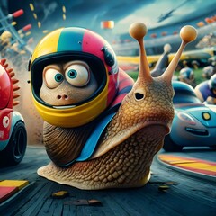 A cartoon style illustration of a snail wearing a colorful racing helmet in a race.