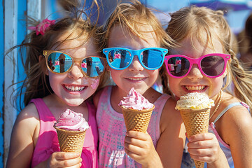 Three young girls are holding ice cream cones and wearing sunglasses