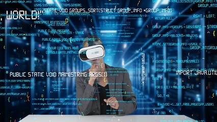 IT developer analyzing intelligent website development coder system running data by VR glasses screen innovation interface digital infographic network technology visual hologram server. Contraption.