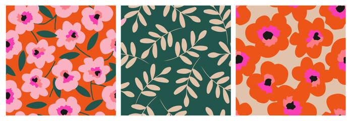 set of hand drawn flowers, seamless patterns with floral for fabric, textiles, clothing, wrapping pa