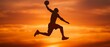 © ธนากร บัวพรหม - Silhouette of a basketball player leaping against a vibrant sunset, Realism, Warm tones, Digital painting, High detail