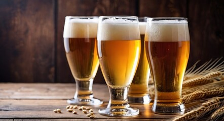 Glasses of light beer with spikelets of barley on the wooden background.  Copy space for text