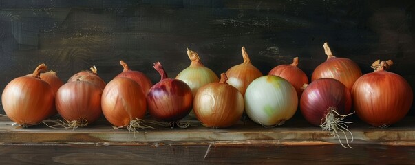 Onions of various colors arranged on a wooden surface