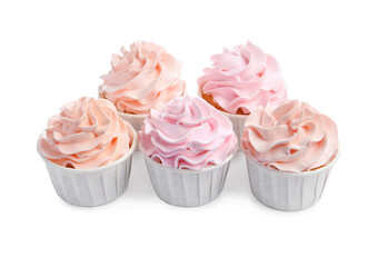 Wall Mural - Tasty cupcakes with cream isolated on white