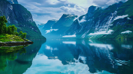 Wall Mural - Scenic Fjord Landscape with Mountains and Reflections