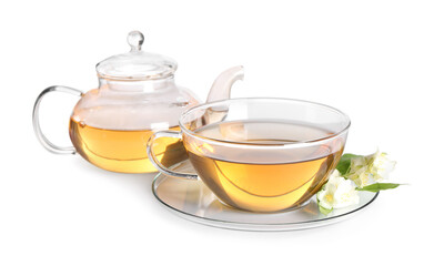 Sticker - Aromatic jasmine tea in cup, flowers and teapot isolated on white