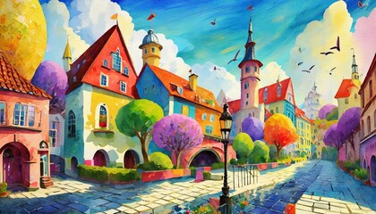 Wall Mural - watercolor painting of old town