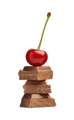 Sticker - Fresh cherry with pieces of milk chocolate isolated on white