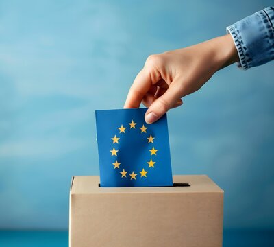 hand European flag putting paper ballot yellow stars box blue background Paper Ballot Concept