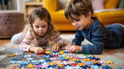 Two young children, a boy and a girl, lie on the floor engrossed in solving a colorful jigsaw puzzle, highlighting their concentration and the joy of playful learning in a cozy home setting.