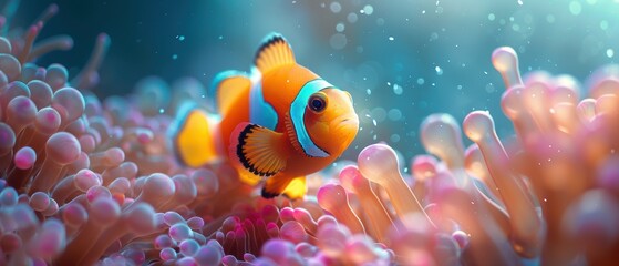 Close-up of a clownfish in its anemone home